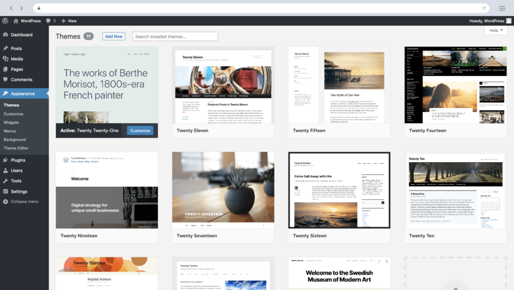 WordPress dashboard showing the theme selector