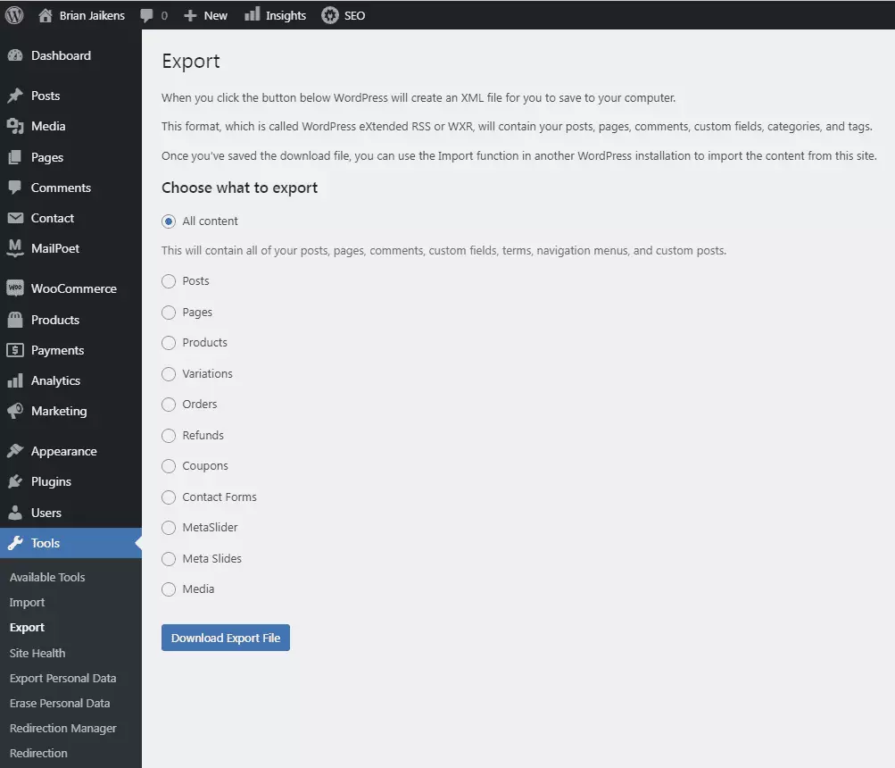 WordPress export tool options